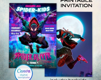Wydrukuj zaproszenie urodzinowe, zaproszenie Spider-Verse, zaproszenie Spiderman, impreza Superbohaterów, natychmiastowe pobranie zaproszenia Superbohatera