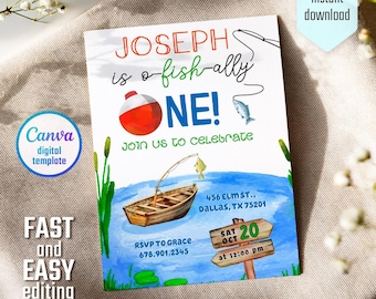 Printable fishing Birthday invitation, ofishally one Invite, big one o-fish-ally Party Template, Editable Invitation, first 1st