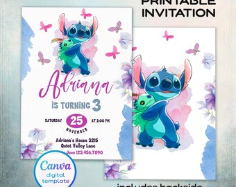 Printable editable Stitch invitation, Lilo and Stitch birthday invite, Stitch Party invite template, girl birthday, boy bday