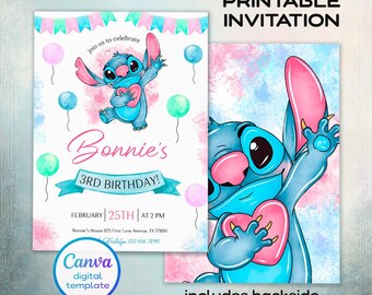 Könnte beinhalten: Eine druckbare Einladung mit einer blauen Cartoon-Figur, die ein rosa Herz hält, mit rosa und blauen Akzenten. Die Einladung enthält den Text "Bonnie's 3rd Birthday!" und "Printable Invitation". Das Design umfasst Ballons und ein Banner.