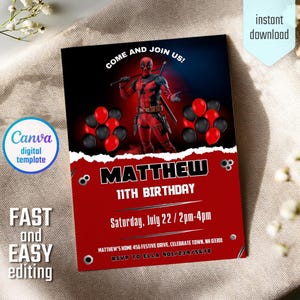 Editable Deadpool and Wolverine Birthday Invitation, Dead pool Superheroes Party, printable Invitation