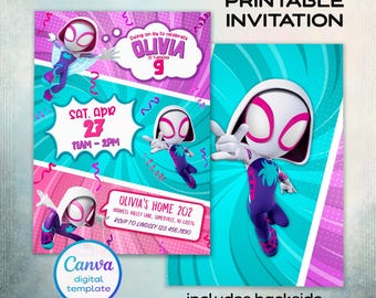 Invitación de cumpleaños de Gwen, invitación de cumpleaños de niña Spider-Verse, invitación editable de Ghost Spidey, fiesta de Spidey Gwen, cumpleaños de niña Spiderman