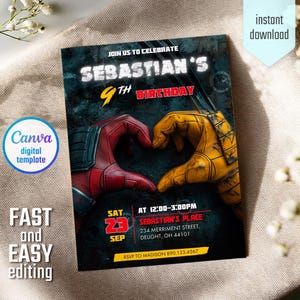 Editable Deadpool and Wolverine Birthday Invitation, Wolverine Deadpool Superheroes Party, printable Invitation
