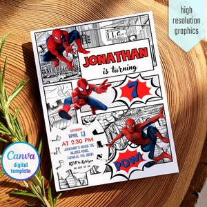 May include: A birthday invitation featuring Spider-Man illustrations in a comic book style. The invitation includes the text "Jonathan is turning 7" and event details. The design incorporates red, blue, and white colors.