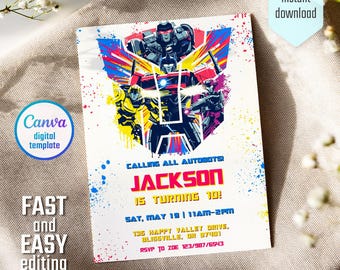 Transformers One Party Evite, printable Rescue Bots Birthday invitation, Optimus Prime invite, Autobots Party invitation, Bumblebee invite