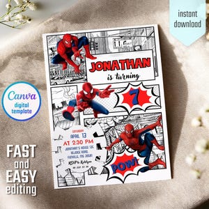 May include: A digital invitation featuring Spider-Man illustrations. The invitation includes the text "JONATHAN is turning 7" and event details. The design incorporates comic book style elements with the words "POW!" and "Canva digital template".