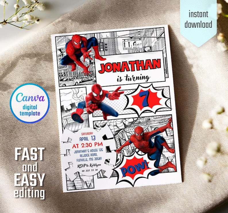 May include: A digital invitation featuring Spider-Man illustrations. The invitation includes the text "JONATHAN is turning 7" and event details. The design incorporates comic book style elements with the words "POW!" and "Canva digital template".