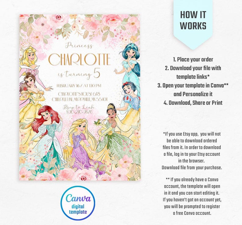 Princess birthday invitation, girl editable invite template, printable Castle invitation, Once Upon A Time Royal Party, instant download image 6