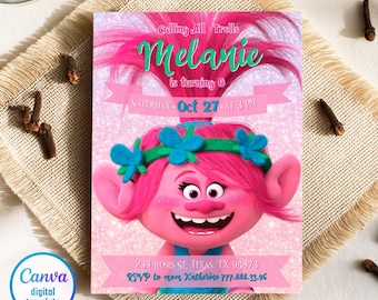 Editable trolls Invite, Printable birthday invitation, Girl Birthday, Electronic invitation, poppy Invite templatetemplate, trolls party