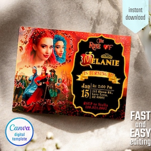 Descendants Rise of Red invitation, printable editable birthday invite, Descendants party invitation digital template, teens birthday party