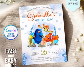 Printable boy birthday invitation, Nemo Birthday invite, editable invitation, instant download, Ocean Birthday Party