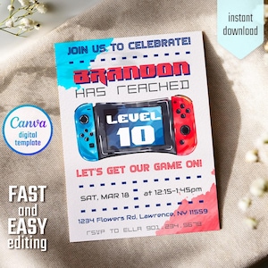 Editable Switch invite, printable Gamer Birthday invitation, Video Game Party, boy birthday, digital template