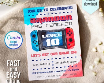 Editable Switch invite, printable Gamer Birthday invitation, Video Game Party, boy birthday, digital template