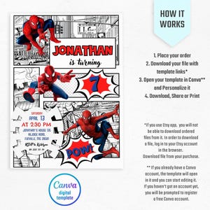 May include: A digital invitation template featuring Spider-Man comic book art. The design includes the text "JONATHAN is turning 7" and event details. The invitation is a Canva digital template.