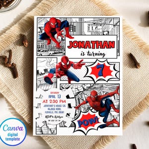 May include: A digital template invitation featuring Spider-Man illustrations in a comic book style. The invitation includes the text "JONATHAN is turning 7" and event details. The design incorporates red, blue, and white colors.
