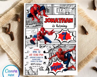 Spiderman Birthday invitation, comics Superhero invite, printable editable Spidey Party invite template, Spider-Man digital template