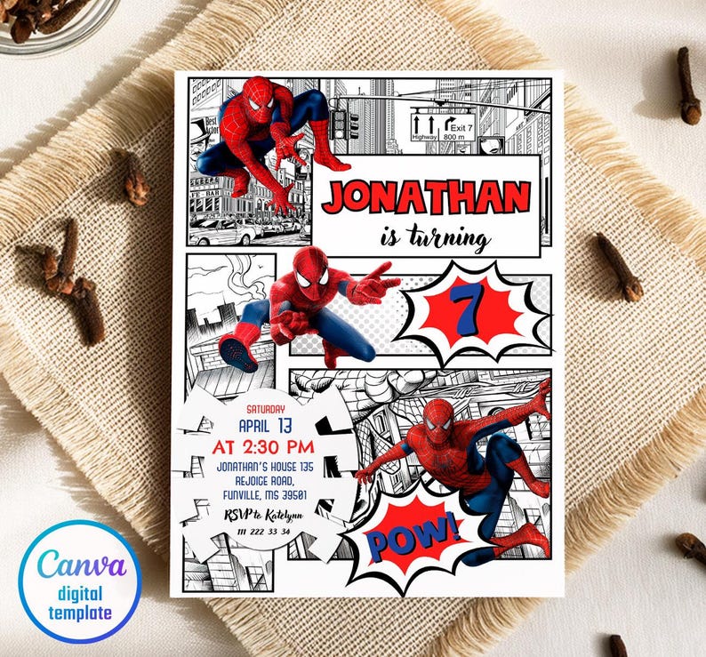 May include: A digital template invitation featuring Spider-Man illustrations in a comic book style. The invitation includes the text "JONATHAN is turning 7" and event details. The design incorporates red, blue, and white colors.