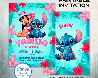 Könnte beinhalten: Druckbare Einladung mit den Charakteren Lilo und Stitch, mit dem Text "ALOHA!" und "Vanessa wird 6". Die Einladung ist türkis mit rosa und roten floralen Akzenten. Enthält ein Rückseitendesign.