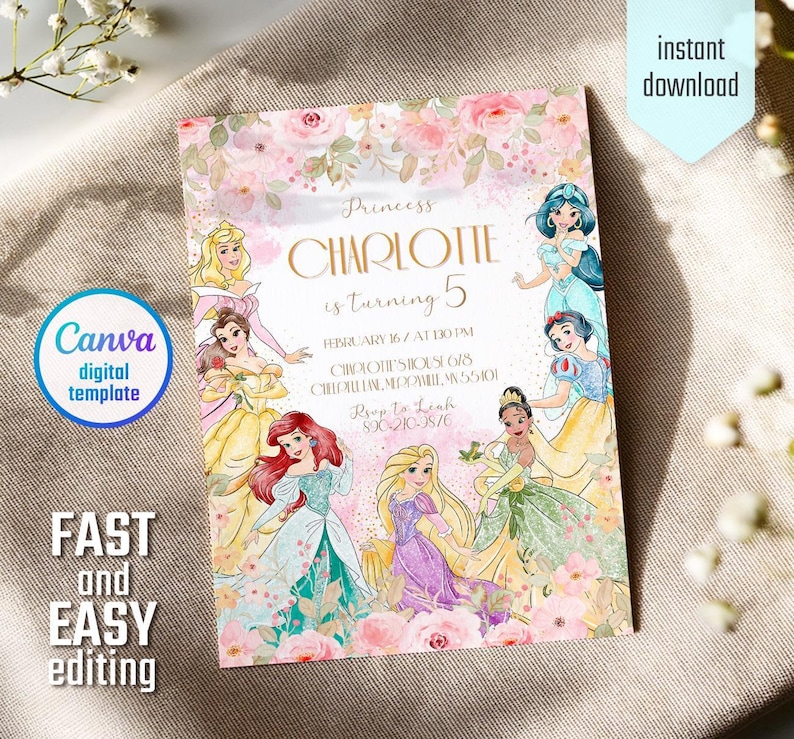 Princess birthday invitation, girl editable invite template, printable Castle invitation, Once Upon A Time Royal Party, instant download image 3