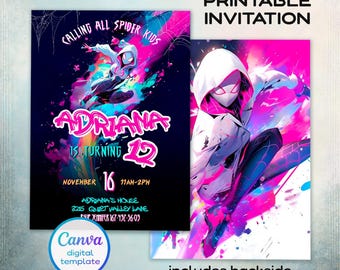 Invitación de cumpleaños de Gwen, invitación de cumpleaños de niña Spider-Verse, invitación editable de Ghost Spidey, fiesta de Spidey Gwen, cumpleaños de niña Spiderman