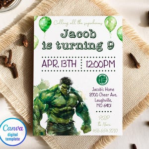 Printable Boy Birthday Invitation, superhero birthday invite, incredible hulk editable invitation, avengers birthday party