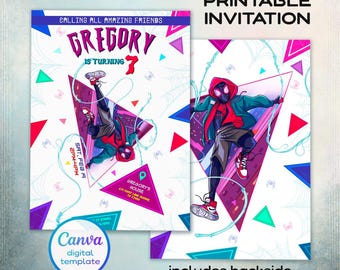 Wydrukuj zaproszenie urodzinowe, zaproszenie Spider-Verse, zaproszenie Spiderman, impreza Superbohaterów, natychmiastowe pobranie zaproszenia Superbohatera