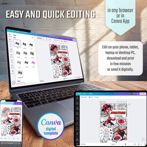 May include: A digital template displayed on a laptop, tablet, and smartphone. The template features a comic book style design with the text "JONATHAN is turning". The image also includes the text "EASY AND QUICK EDITING" and "Canva digital template".