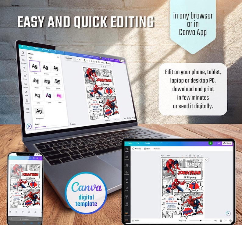May include: A digital template displayed on a laptop, tablet, and smartphone. The template features a comic book style design with the text "JONATHAN is turning". The image also includes the text "EASY AND QUICK EDITING" and "Canva digital template".