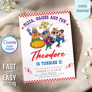 May include: A digital invitation template with the text "Pizza, Games and Fun" and "Theodore is turning 5!" featuring cartoon characters. The design includes a red and white checkered border and the words "Fast and Easy editing" and "instant download".