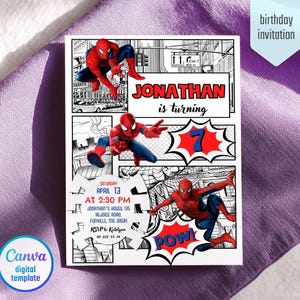 May include: A digital birthday invitation featuring Spider-Man illustrations in a comic book style. The invitation includes the name "Jonathan" and the number "7", along with event details. The design incorporates the text "POW!" and "Canva digital template".