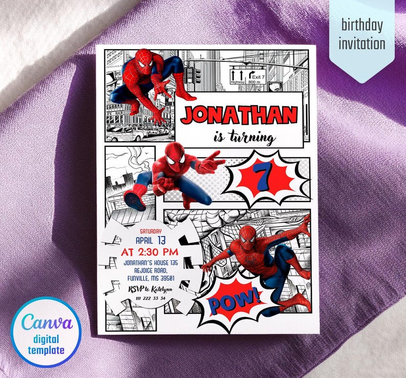 May include: A digital birthday invitation featuring Spider-Man illustrations in a comic book style. The invitation includes the name "Jonathan" and the number "7", along with event details. The design incorporates the text "POW!" and "Canva digital template".