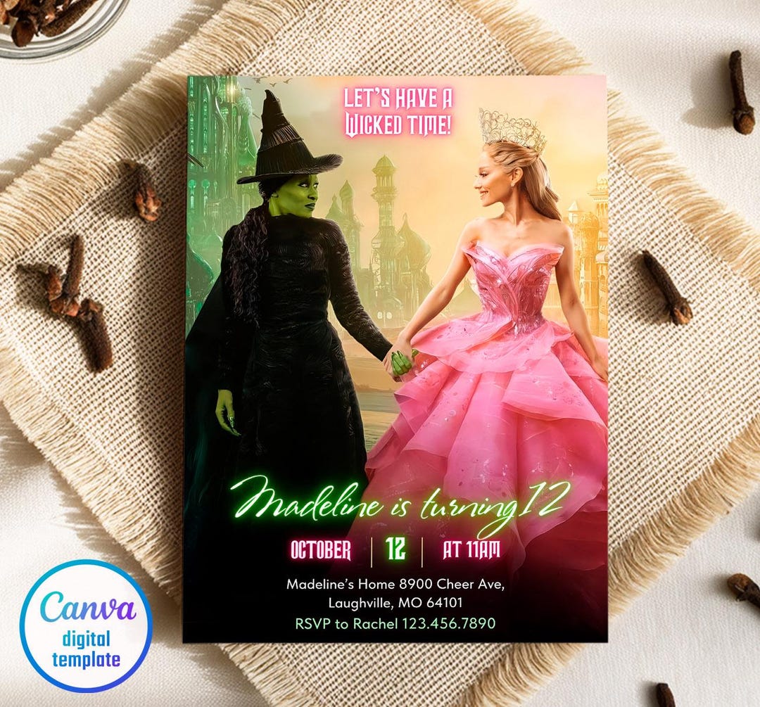 Downloadable Wicked Invitations Wicked Birthday Invitation, Editable Template, Glinda & Elphaba, Wicked ...
