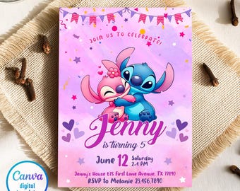 Printable Stitch Birthday Invitation Template, Editable Stitch Girls Birthday Invitation, Lilo Stitch Angel Birthday Invite