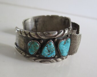 Vintage Huge Old Pawn Navajo Turquoise Sterling Silver Watch Band Cuff 188.9 Gr