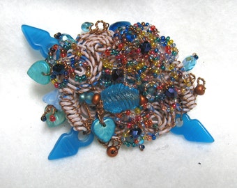 Vintage Beaded Blue  Wire Twist Large Brooch Pin Stunning