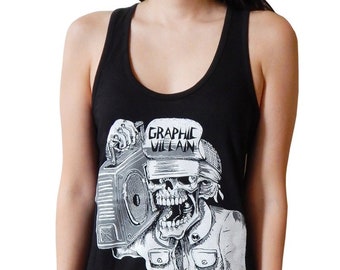 Graphic Villain Suicidal Boombox logo woman's Racerback printed on ultra soft ring spun cotton