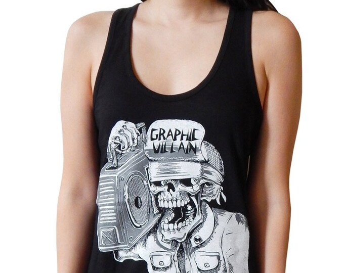 Graphic Villain Suicidal Boombox logo woman's Racerback printed on ultra soft ring spun cotton