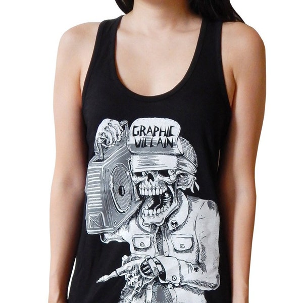 Graphic Villain Suicidal Boombox logo woman's Racerback printed on ultra soft ring spun cotton