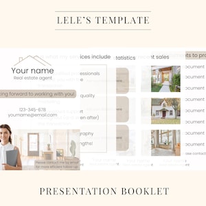 Peut inclure: Une brochure de présentation d'un agent immobilier avec un fond beige et une icône de maison. La brochure comprend des informations sur les services de l'agent, les statistiques, les ventes récentes et un engagement à fournir des documents. Le nom, le numéro de téléphone et l'adresse e-mail de l'agent sont également inclus.