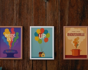 Minimalistische Disney Pixar Posters Set | Vintage Wandkunst | Up, Inside Out, Frozen, Rapunzel, Ratatouille, Brave, Belle en het Beest