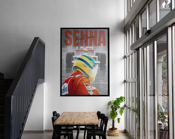 Ayrton Senna F1-poster – Vintage motorsport-muurkunst, racedecoratie, Formule 1-cadeau voor fans, muurkunst downloaden