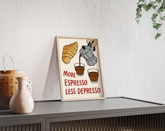 Espresso wandkunst, koffieliefhebbersdecoratie, grappige keukenprint, thuiskantoorkunst, rustiek houten frame, cadeau voor barista's