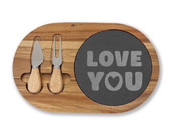 Charcuterieplank met gravure "Love You" | Kaasleisteen & Messenset