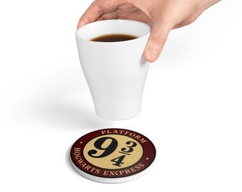 Keramische onderzetter met perron 9 3/4 van de Zweinstein Express | Ronde kurken achterkant