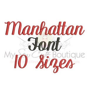 Può includere: Testo rosso su sfondo bianco che dice "Manhattan Font 10 Sizes". La parola "Font" è in nero.