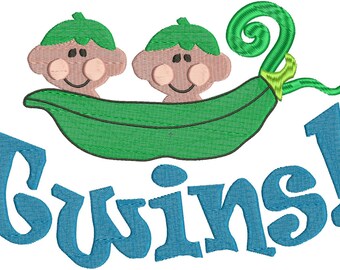 Puede incluir: Dos bebés de dibujos animados en una vaina de guisante verde con la palabra "¡Gemelos!" en letras azules.