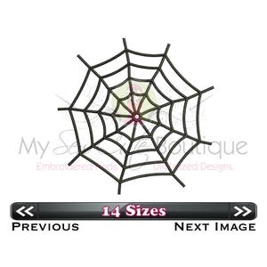 May include: Black spider web design with a central pink and green accent. The image includes the text "My Sew Cute Boutique" and "14 Sizes". The design is suitable for embroidery or digital projects, perfect for Halloween or spooky-themed crafts.