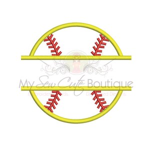 May include: A yellow softball with red stitching, split in half horizontally to create a monogram frame.