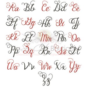 May include: A set of cursive alphabet letters in black and red. The letters are stylized with a flourish and are arranged in rows.