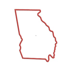 May include: A red embroidered outline of the state of Georgia, USA, against a white background. The design features the state's distinctive shape, with its curved coastline and angular borders. The embroidery thread creates a textured effect.